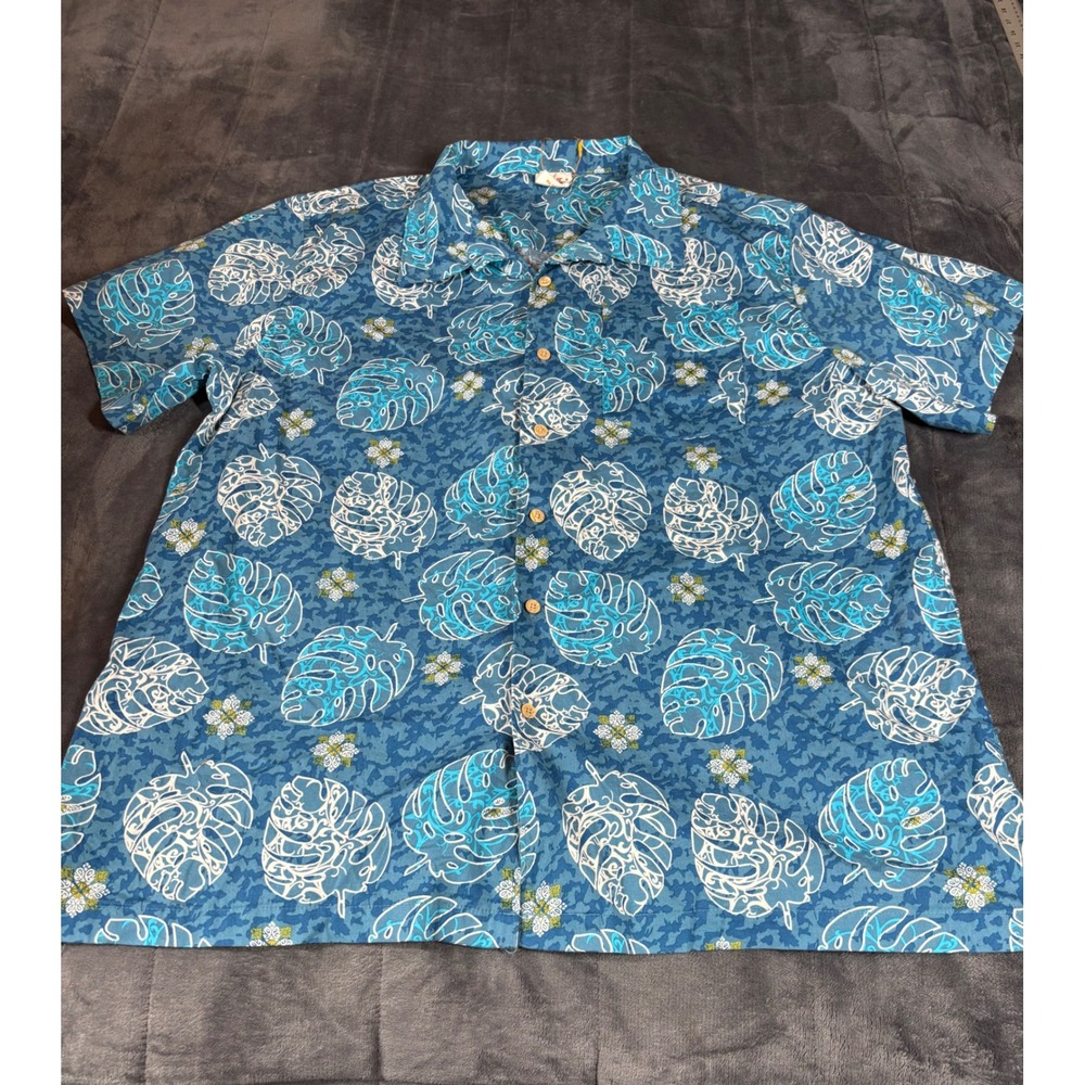 Barefoot in Paradise Mens XXL Blue Monstera Leaf Tropical Cotton Hawaiian‎ Shirt